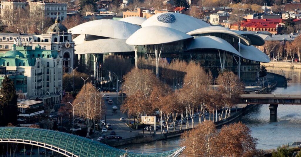 Aerial view of futuristic architecture in Tbilisi, Georgia, showcasing unique modern design.